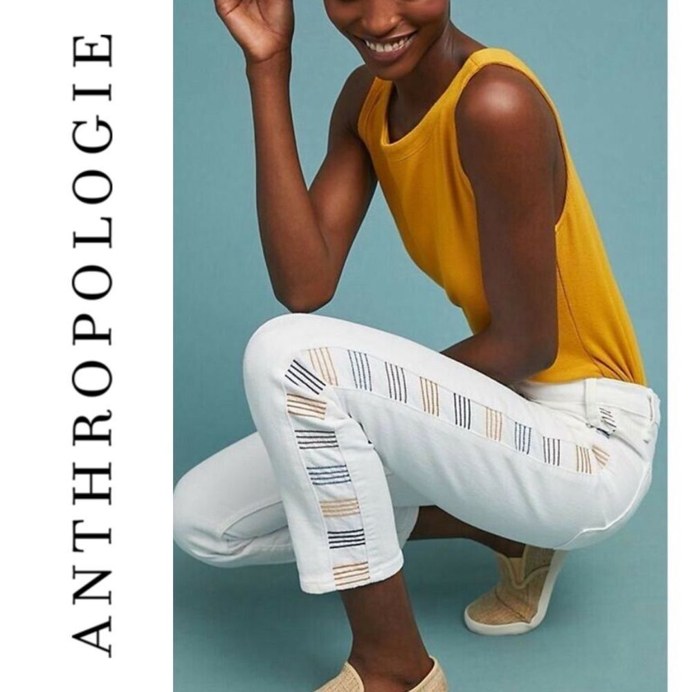 Anthropologie McGuire NWT Valletta Straight White Embroidered Denim Jeans 26